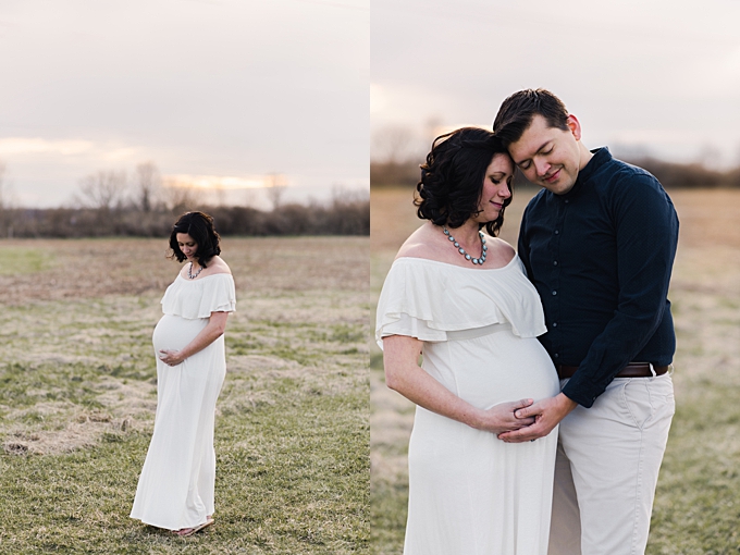 maternity photographer columbus ohio expecting mom in white gown cradles her bump at sunset