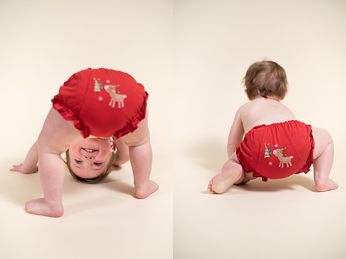 studio baby photography baby crawls with reindeer bloomers