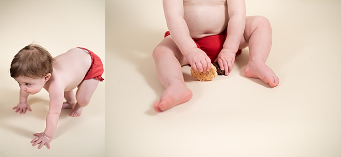 studio baby photography baby crawls towards cookies 