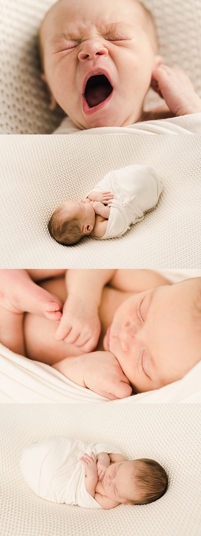 newborn photography columbus ohio baby girl yawns and sleeps soundly in cream background