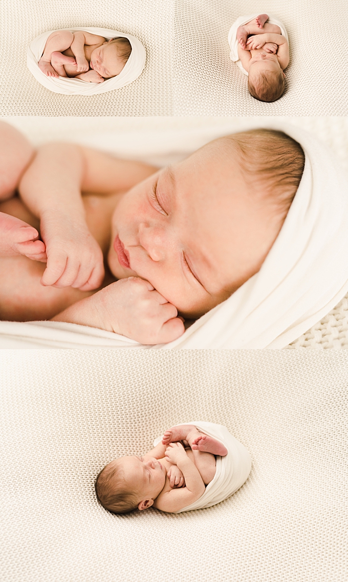 newborn photography columbus ohio baby girl sleeping soundly in cream wrap on cream blanket