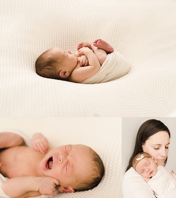 columbus ohio newborn photographer baby girl in cream wrap yawns and snuggles with mom in studio