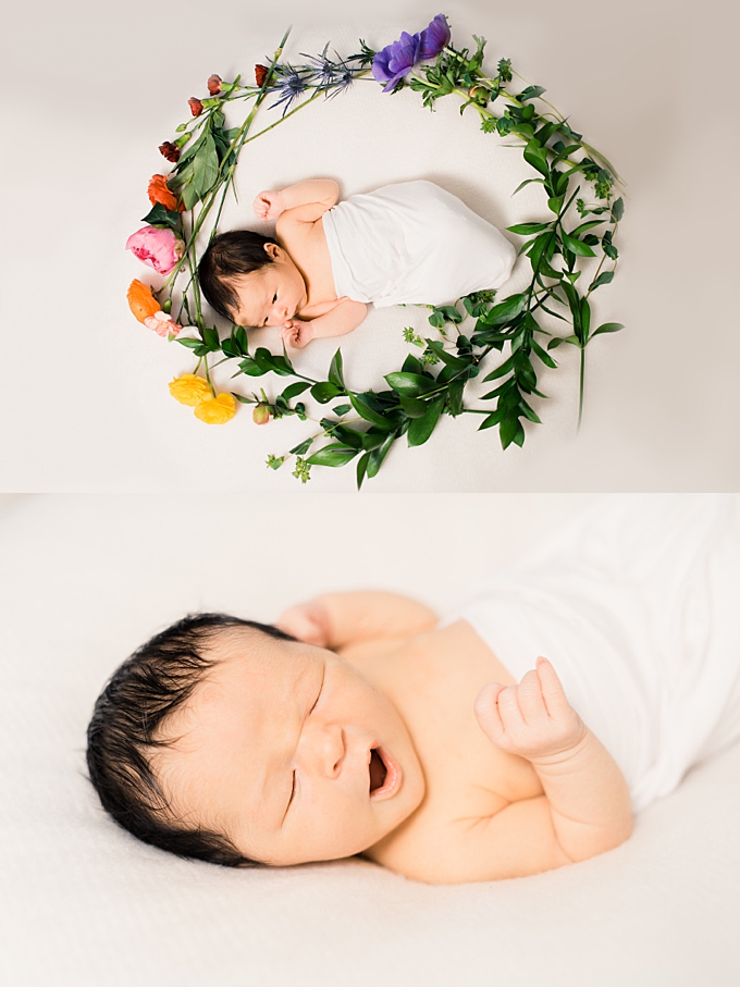 central ohio newborn photographer rainbow baby in yawning in rainbow floral wreath
