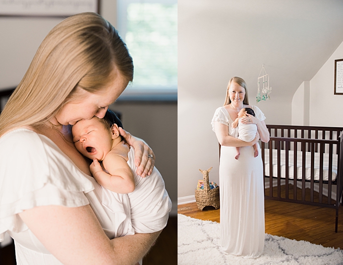 columbus newborn photographer mom dressed in white gown snuggles yawning baby