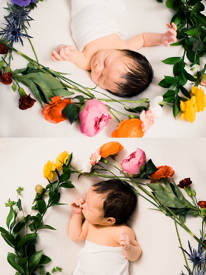 columbus newborn photographer newborn surrounded by floral halo sleeps and stretches 