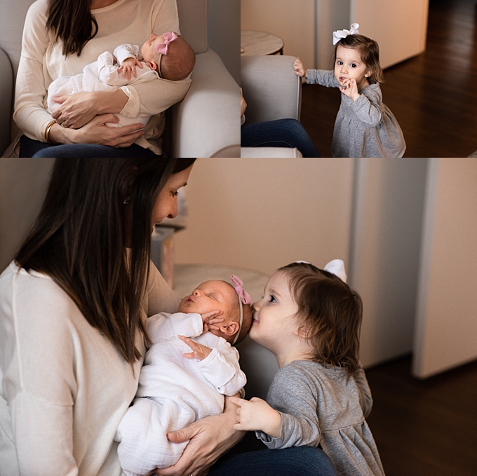 columbus newborn photographer big sister kisses newborn in rocker with mom