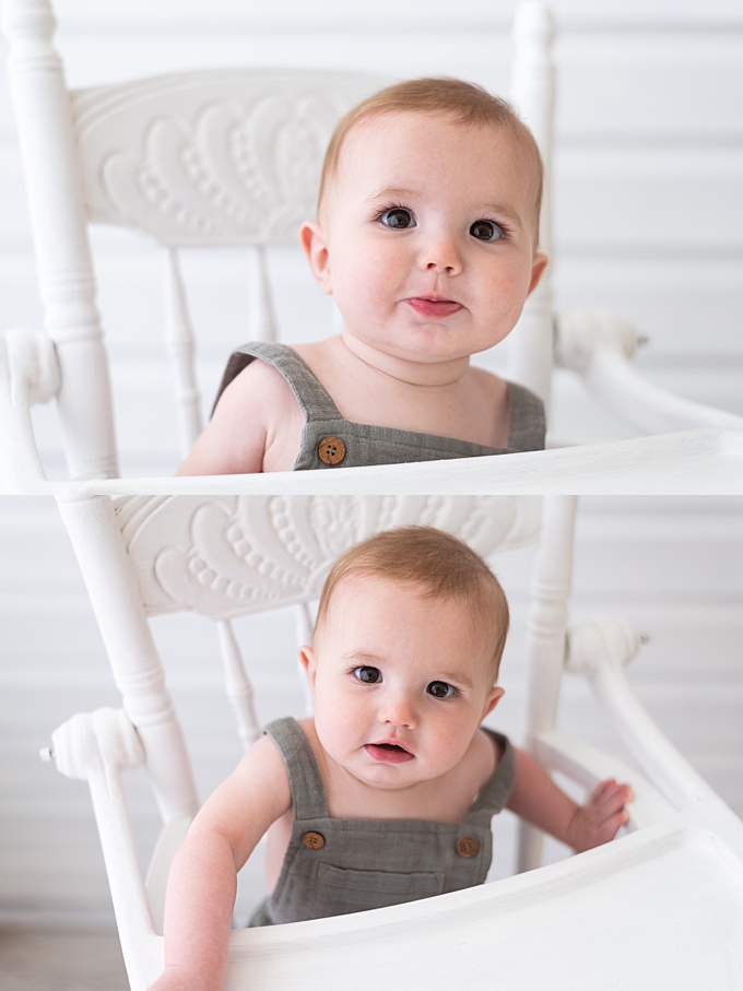 baby photographer columbus brown eyed baby looks up at the camera from highchair