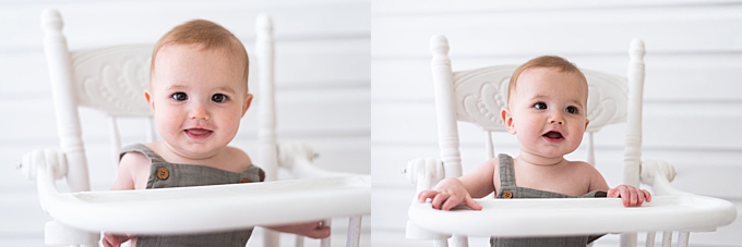 columbus baby photography baby boy smiles and sits on his own in the highchair