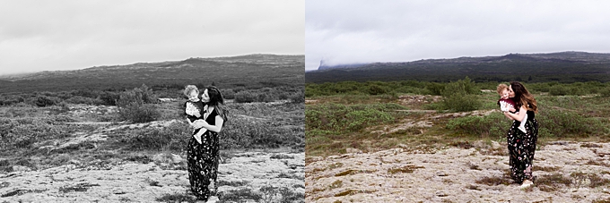 columbus family photographer traveling in iceland mom snuggles daughter dressed in black and red