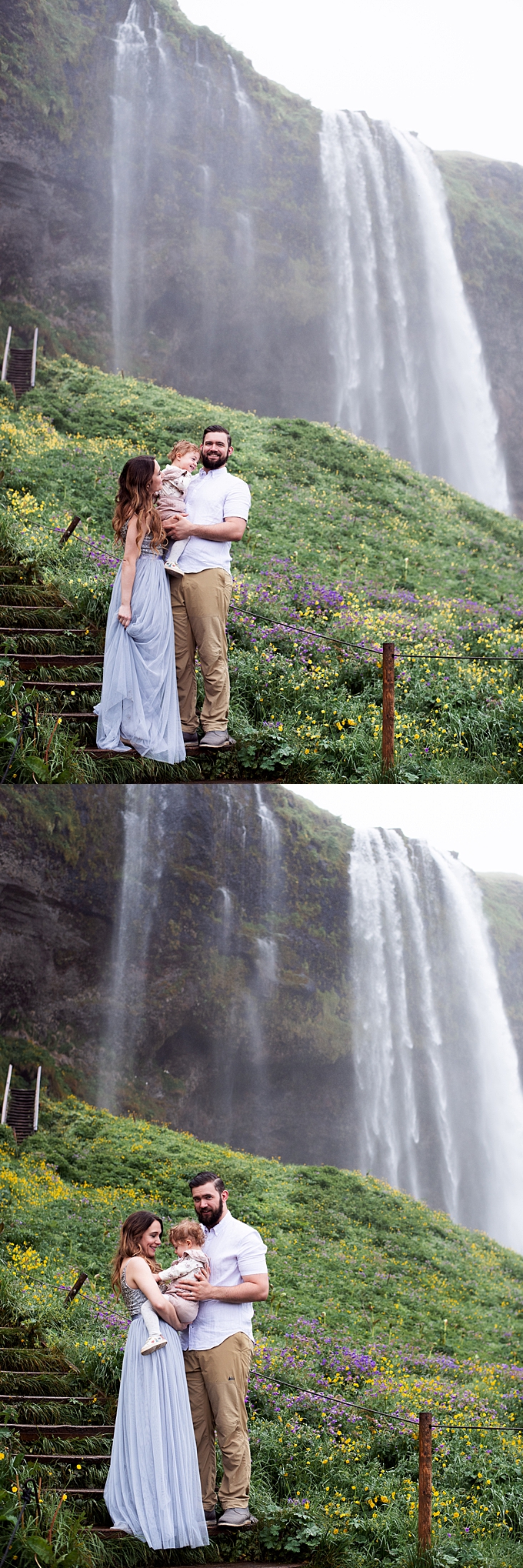 family photographer dressed in BHLDN with her family seljalandsfoss waterfall