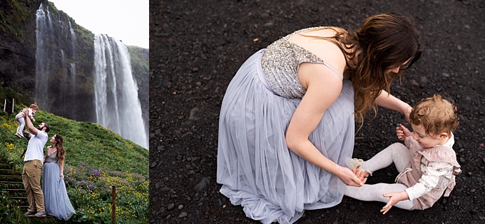 columbus ohio family photographer plays with toddler at seljalandsfoss waterfall in iceland