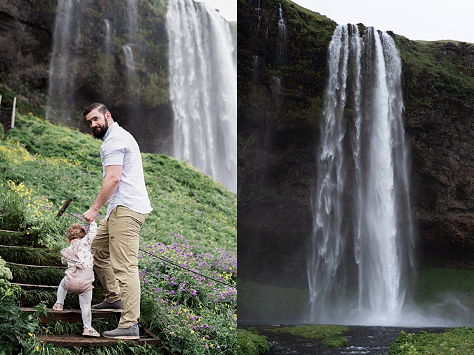 dad and daughter climb stairs to waterfall at Seljalandsfoss