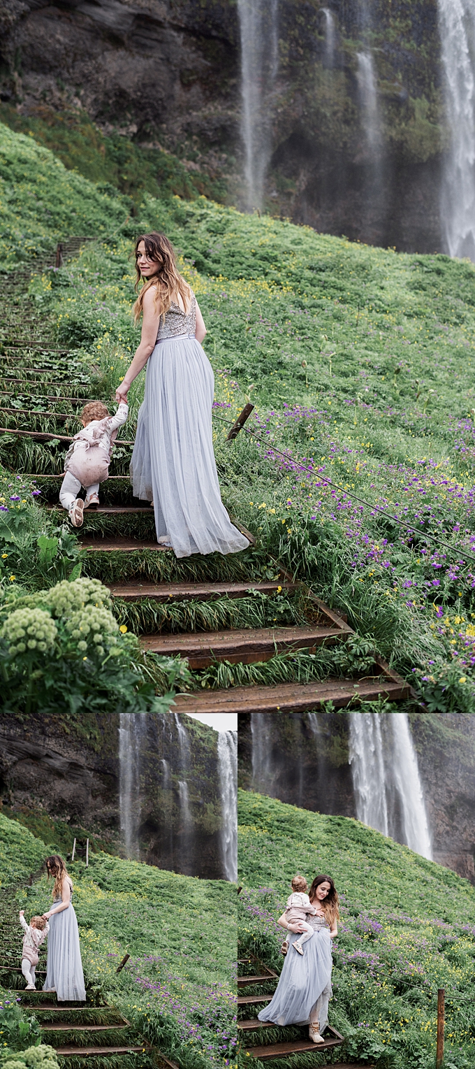 columbus ohio family photographer walks with her daughter to seljalandsfoss waterfall 