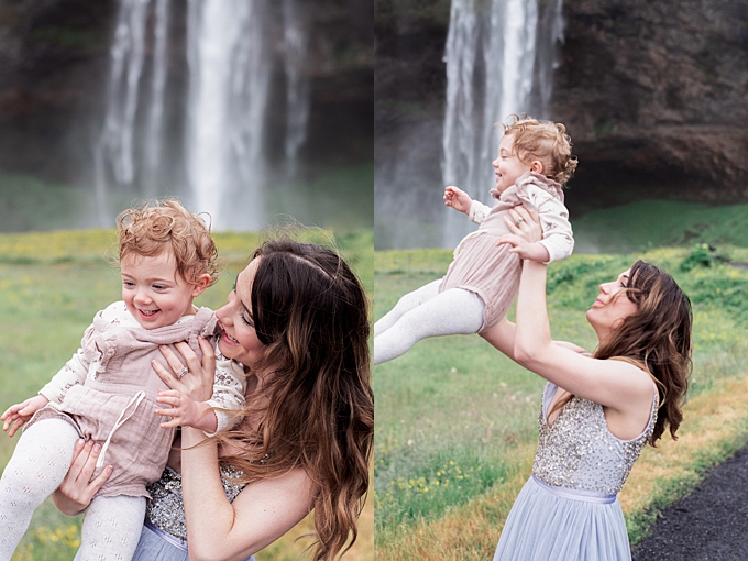 family photographer throws daughter into air and snuggles in BHLDN and Jamie Kay in front of waterfall