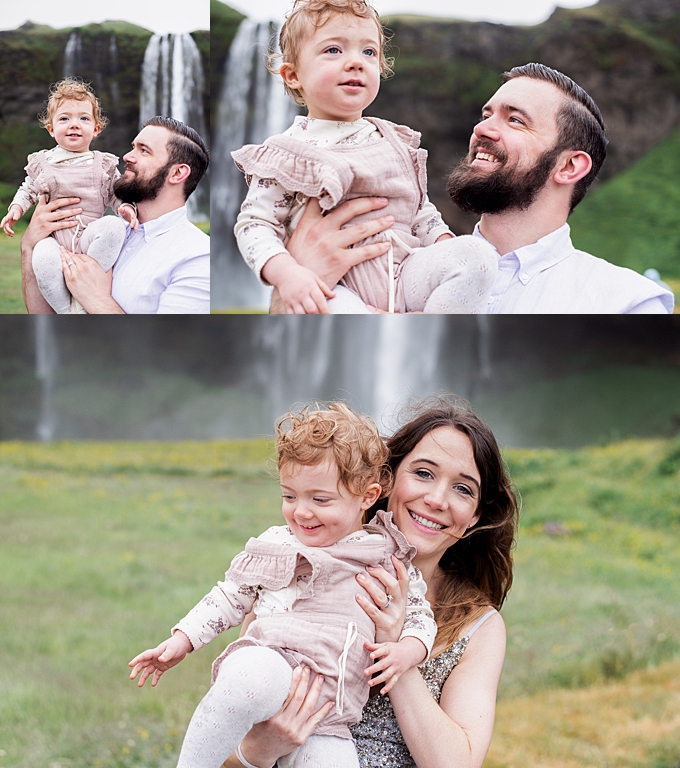columbus ohio family photographer mom, dad, and toddler snuggle in front of waterfall