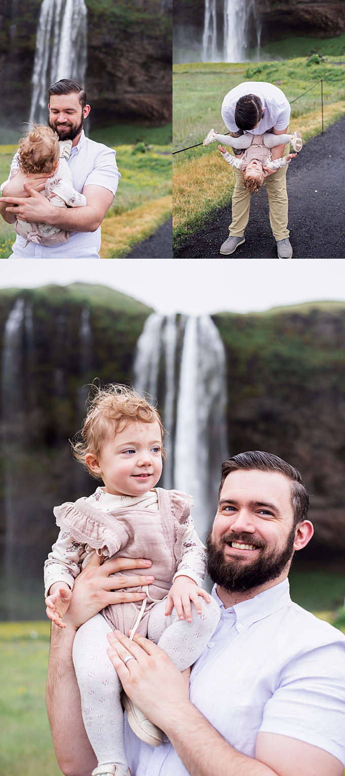 dad plays with daughter in front of waterfall in iceland columbus family photographer 