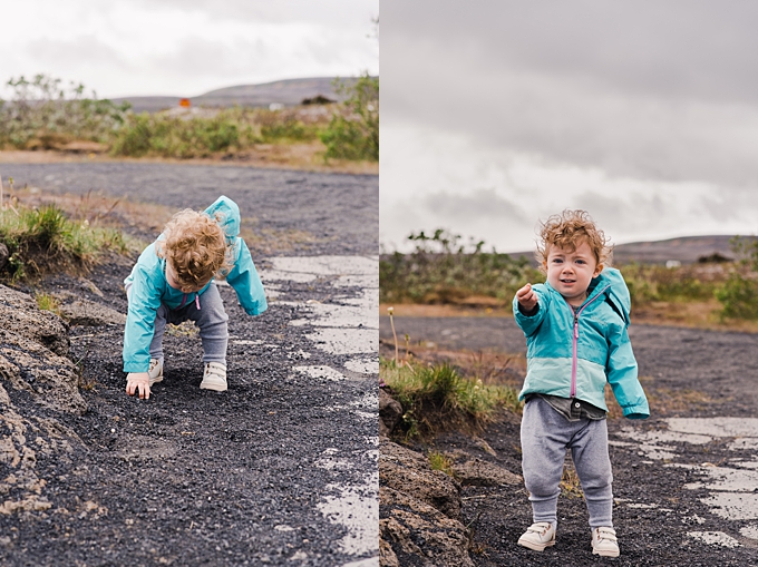 lifestyle family photography toddler plays with rocks in thingvellir national park 