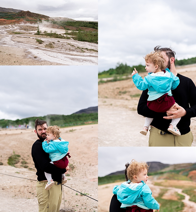 dad holds daugher as they explore Geysir in Iceland lifestyle family photography 