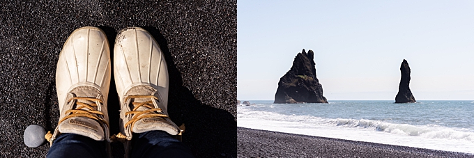 photographers shoes and little black sand pebbles in iceland 