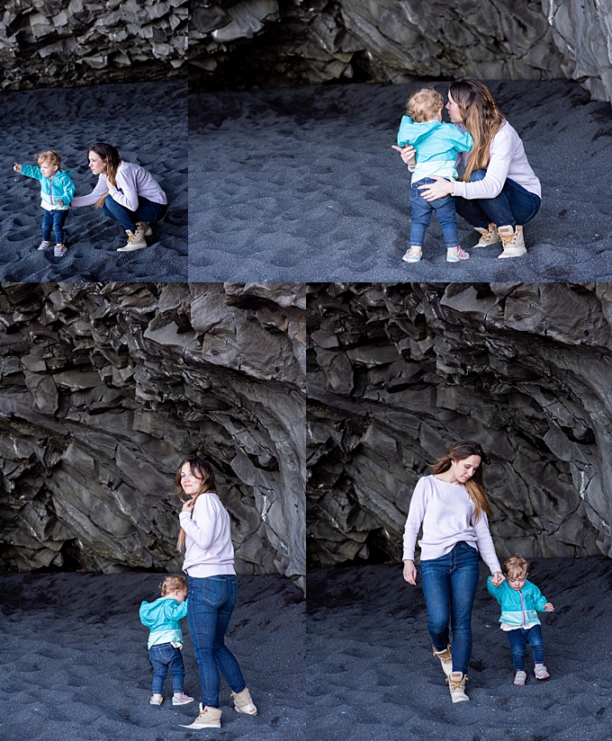 mom and daughter explore the black sand beach at Reynisfjara lifestyle family photography 