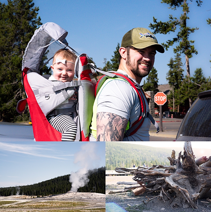 ohio photographer dad holding baby and smiling in travel carrier at old faithful 