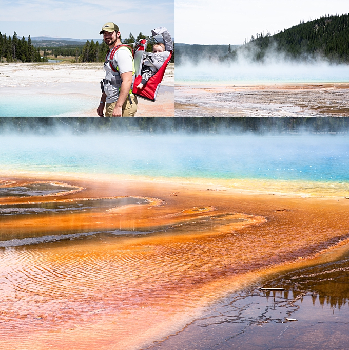 ohio photographer dad and baby walk along boardwalk at grand prismatic spring 