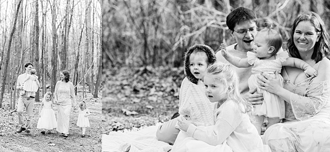 columbus family photographer mom, dad, and three daughters walk and play in the forest