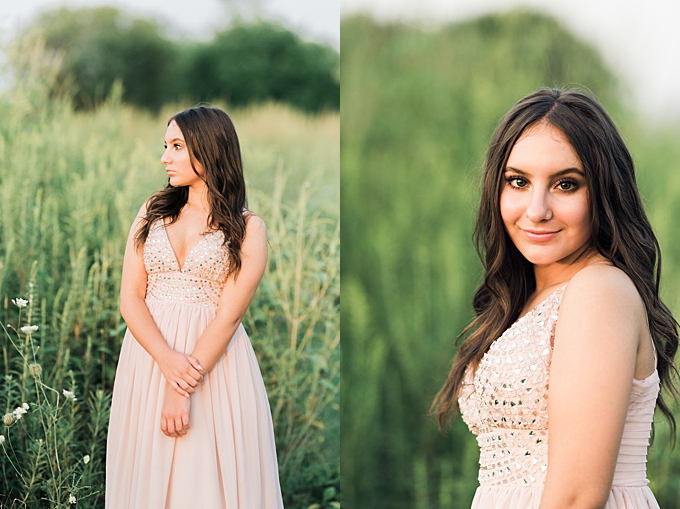 senior portraits columbus young lady in field of wildflowers in blush gown.