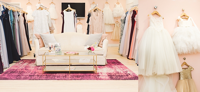 inside gilded social's shop with accents of pink and blush and racks of designer gowns