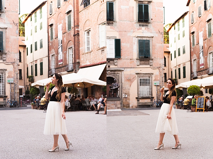 destination family photos woman wearing tulle dress walks with gelato in italian piazza