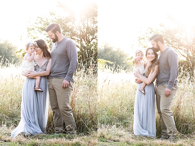 family portraits columbus ohio mom wearing bhldn gown and her family cuddle at sunrise 