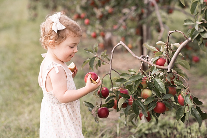 baby girl in ivory jumper picks red apples