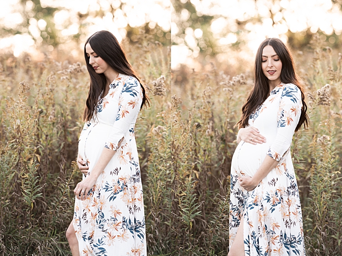 Maternity Photography Columbus OH  expecting mom wearing free people dress in field at sunset