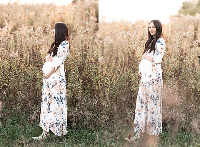 Maternity Photography Columbus OH  expecting mom looks out over the field at sunset