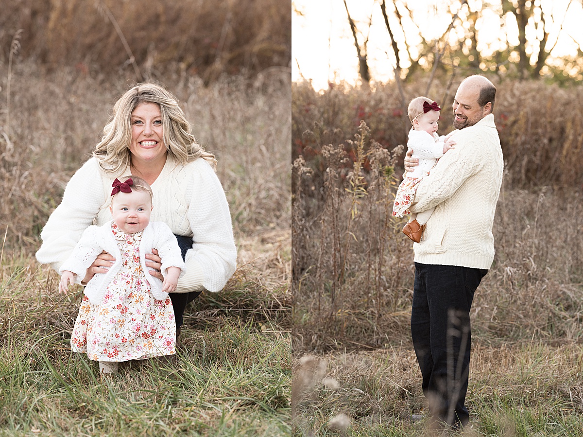 columbus lifestyle family photographer six month old stands with moms help outside