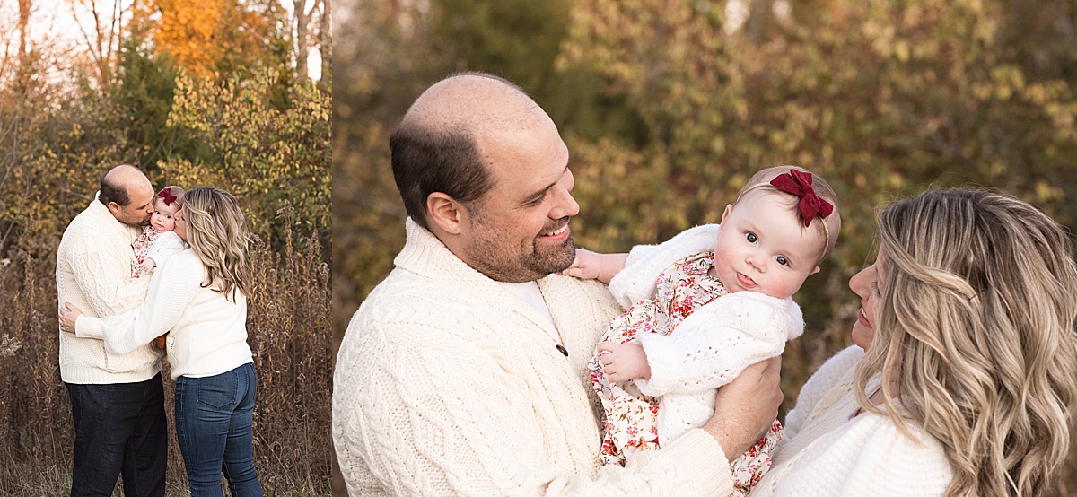 columbus lifestyle family photographer mom and dad kiss daughter on cheeks outside 