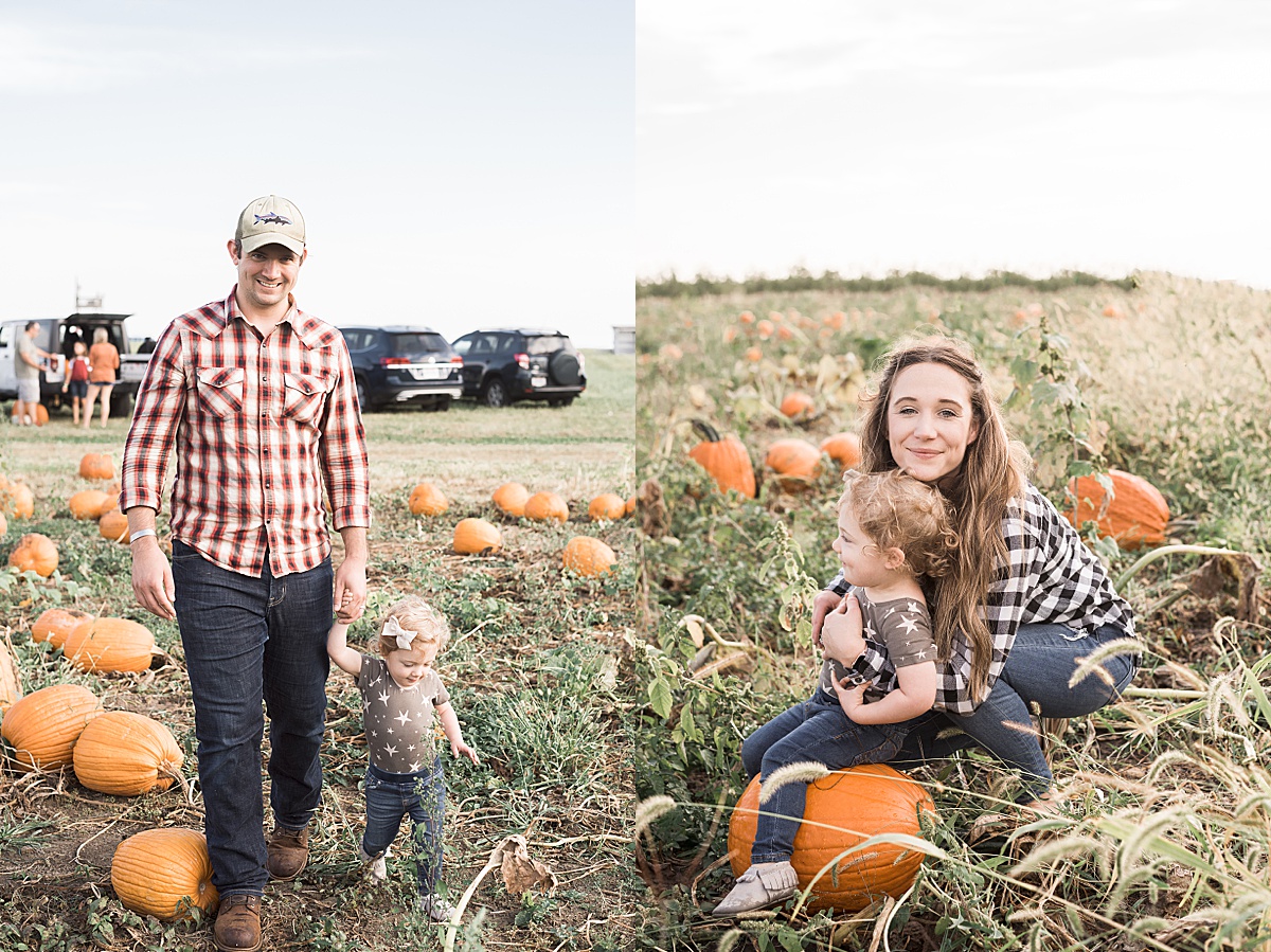 Columbus Lifestyle Family Photographer mom and day play with toddler in pumpkin patch
