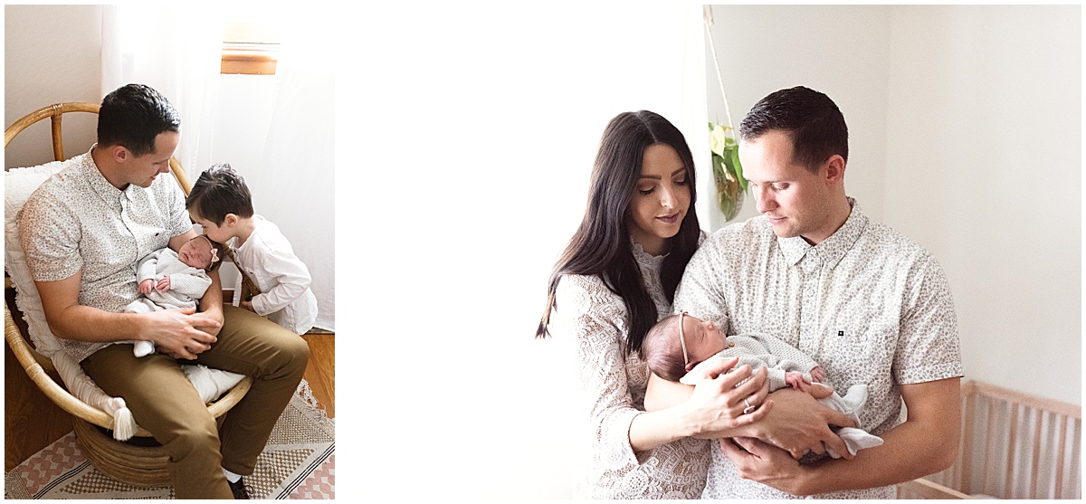 lifestyle newborn photography new family of four cuddle in nursery 