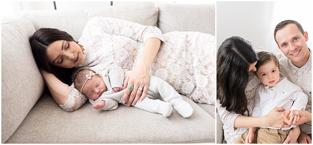 lifestyle newborn photography mom and dad cuddle their children on couch