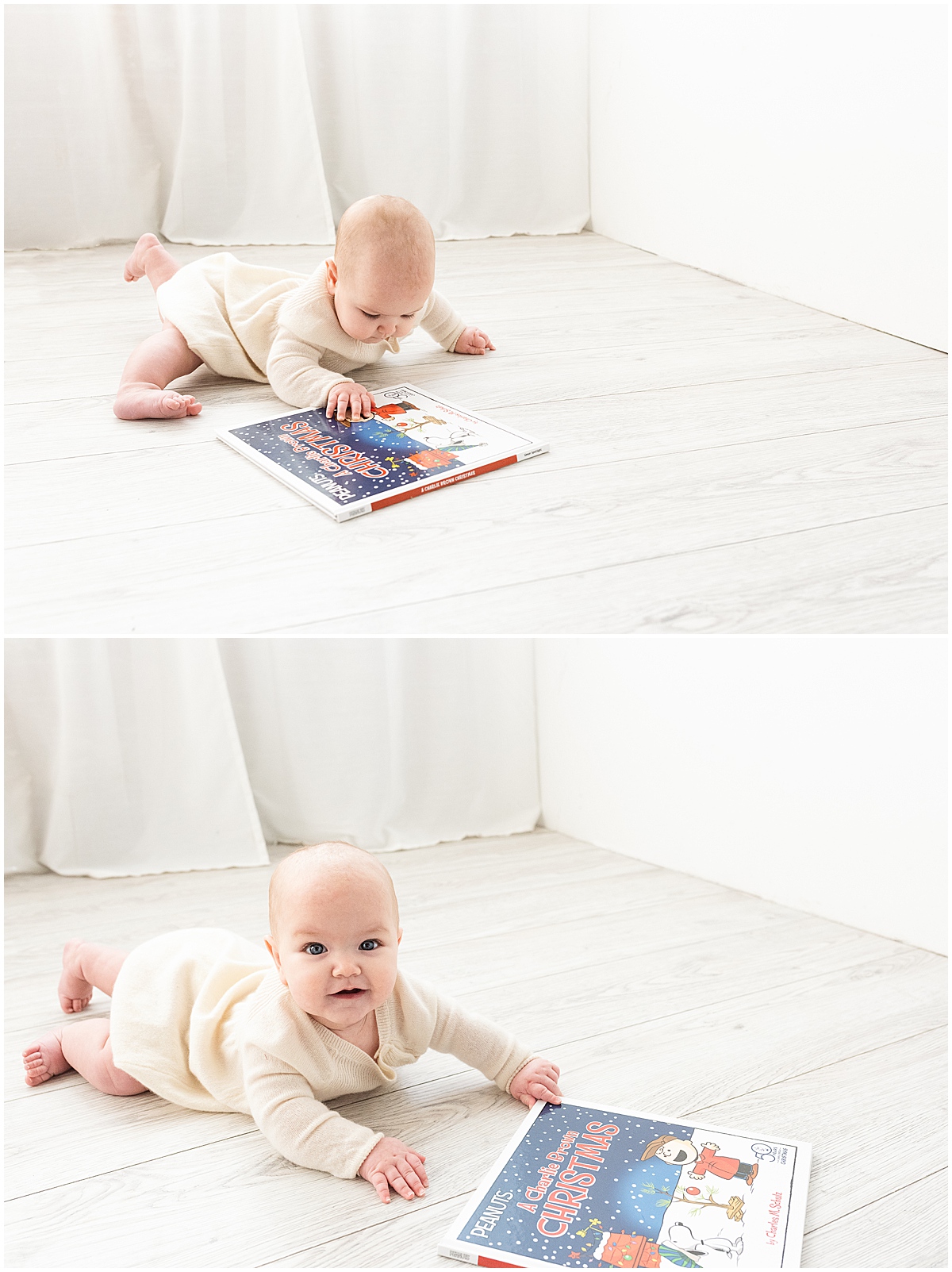 baby milestone photography in columbus ohio six month old reaches for books in cream dress
