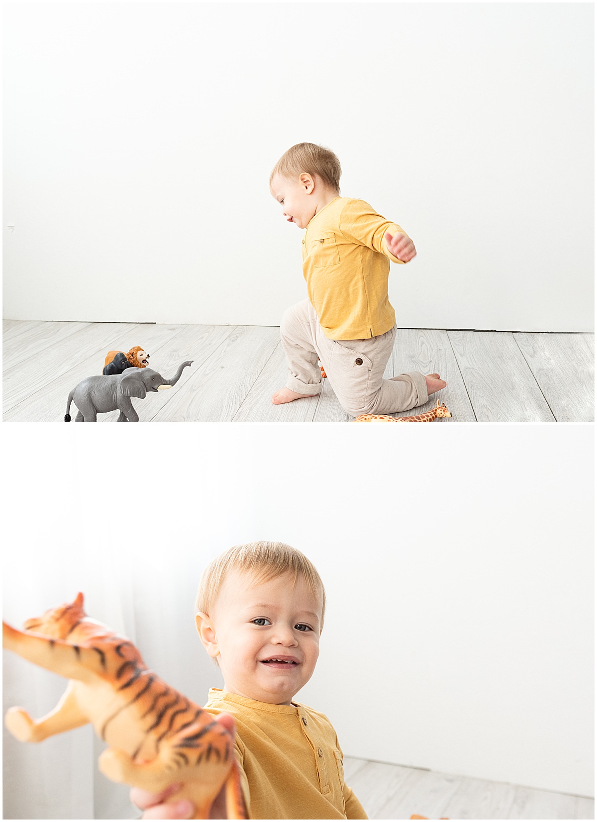 baby milestone photography in columbus ohio todder plays with wild animal toys