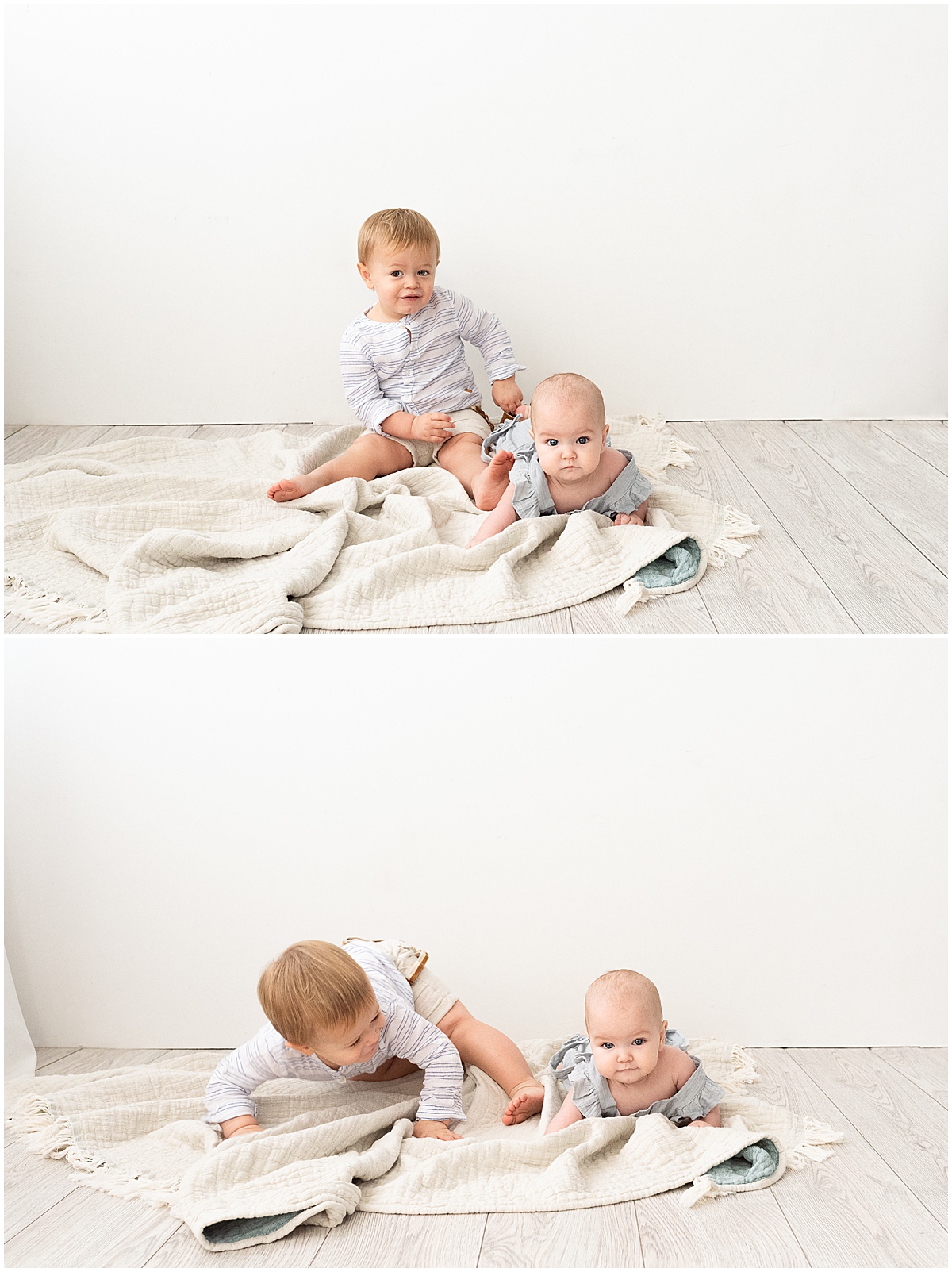baby milestone photography in columbus ohio toddler boy and baby sister play together