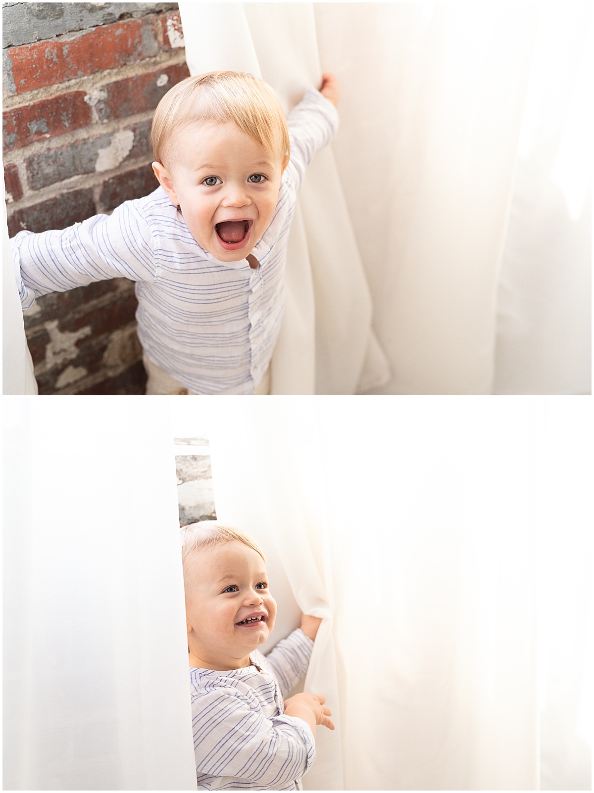 baby milestone photography in columbus ohio toddler boy plays peekaboo in curtains