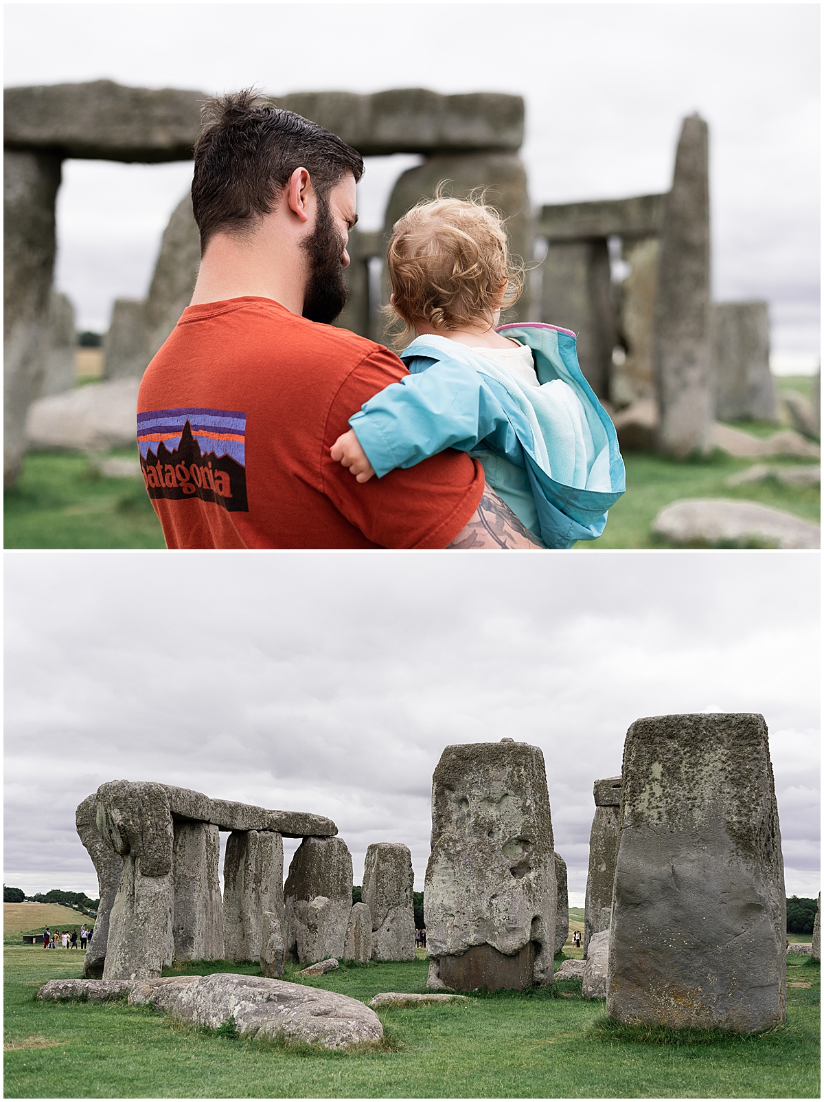 europe travel photographer dad holds daughter looking at stonehenge