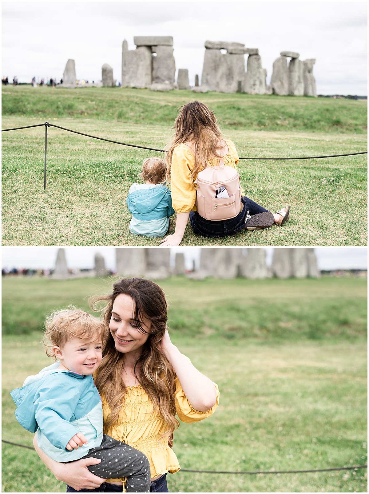 mom in yellow shirt holds daughter at stonehenge