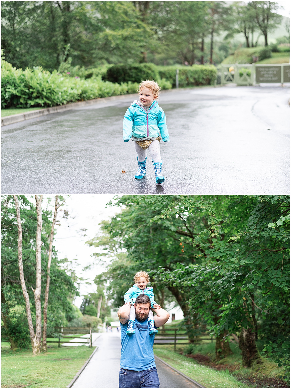 lifestyle photographer todder walks with blue rainboots