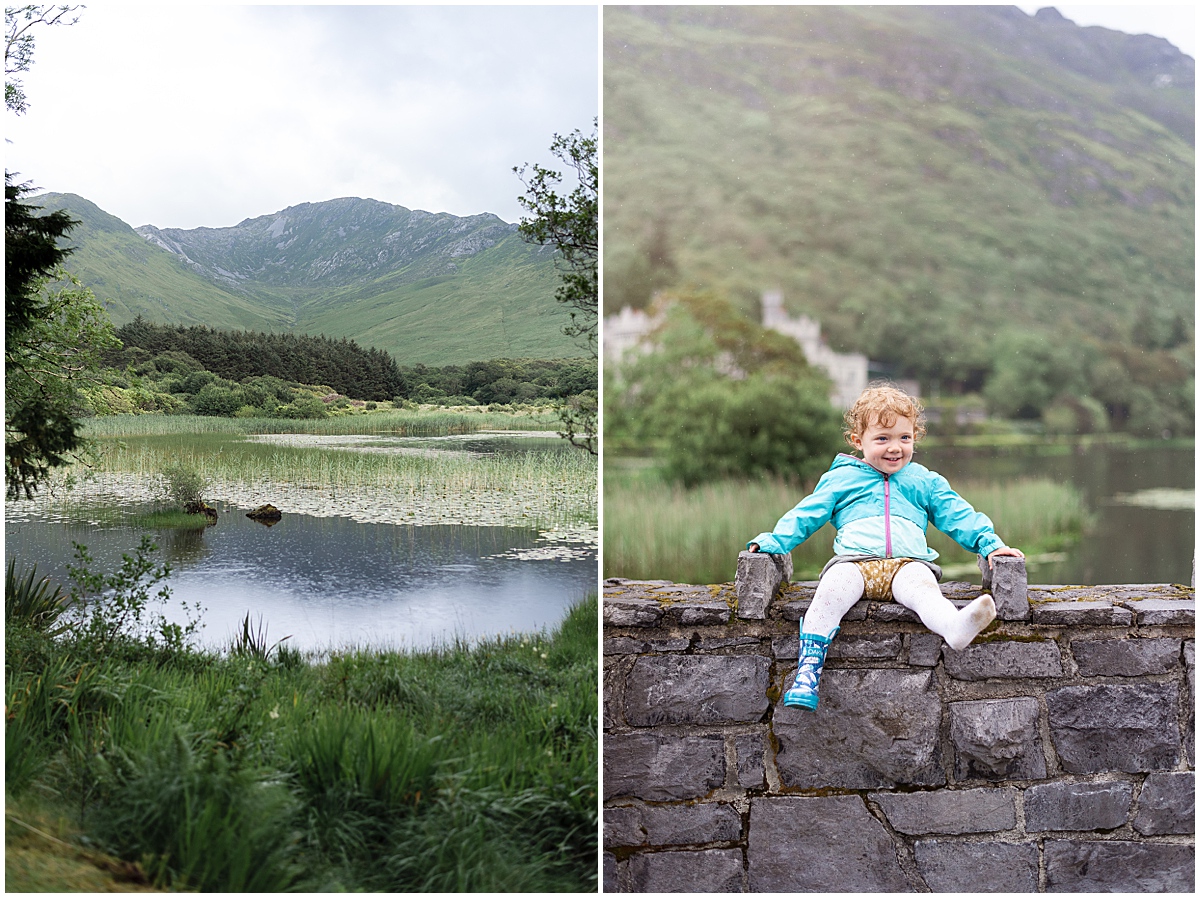 lifestyle photographer baby sits on rock wall in ireland