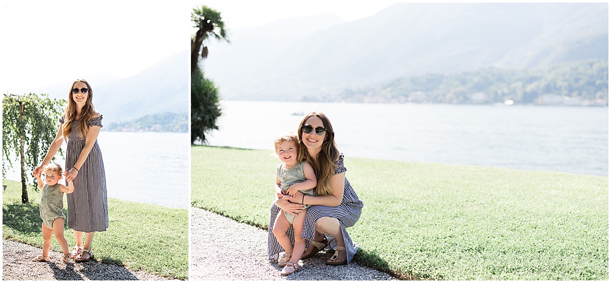 lifestyle travel photographer mom and daughter snuggle at Villa Melzi