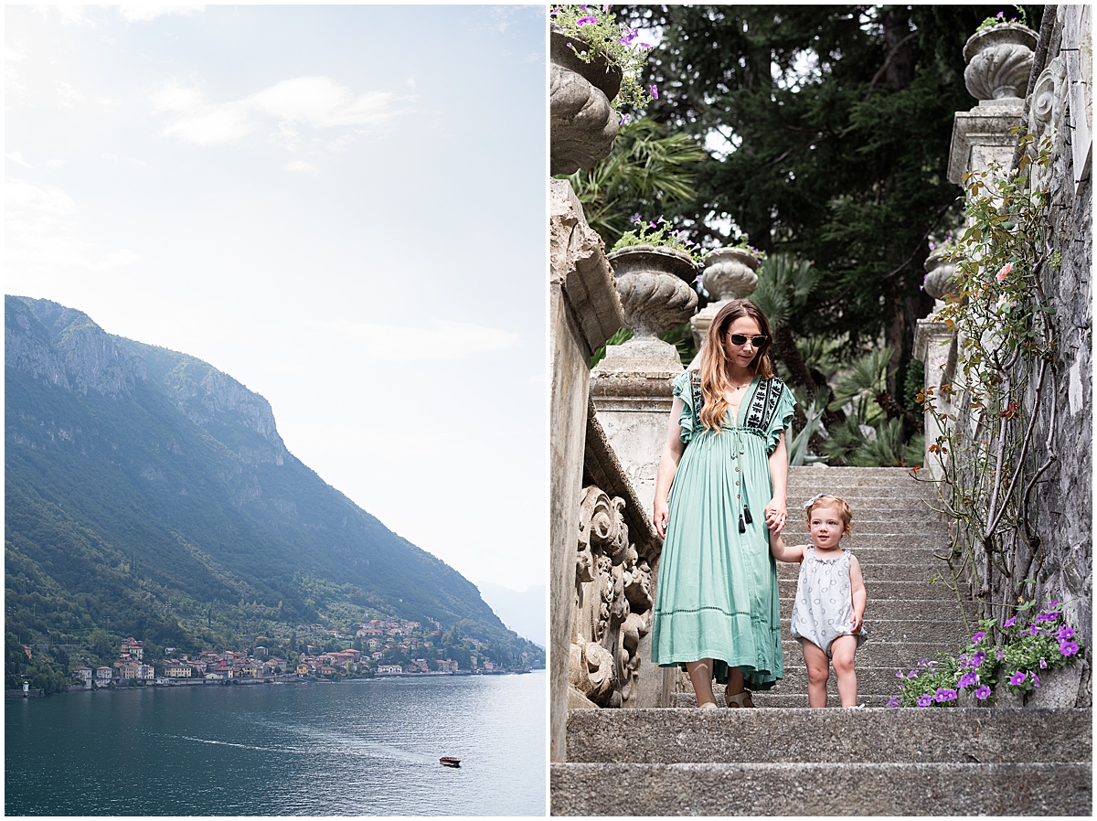 europe travel photographer mom in and toddler wearing green and blue walk down the steps at Villa Monastero