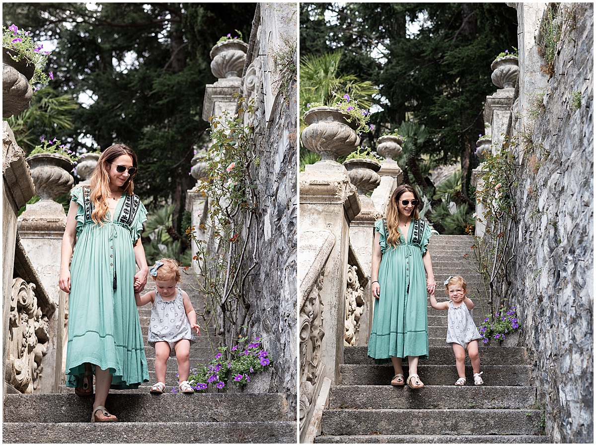 lifestyle travel photographer mom and toddler explore gardens at Villa Monastero